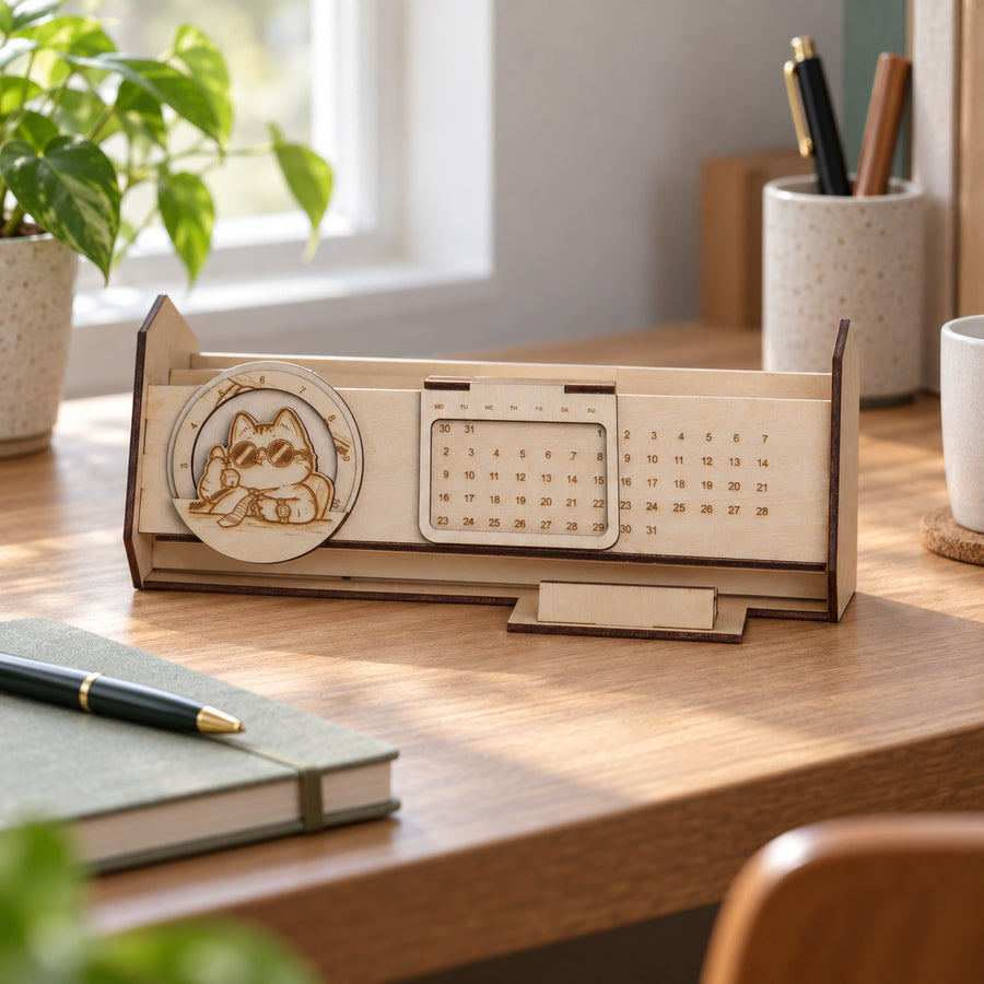 Rear view of the wooden calendar organizer with divided pencil compartments
