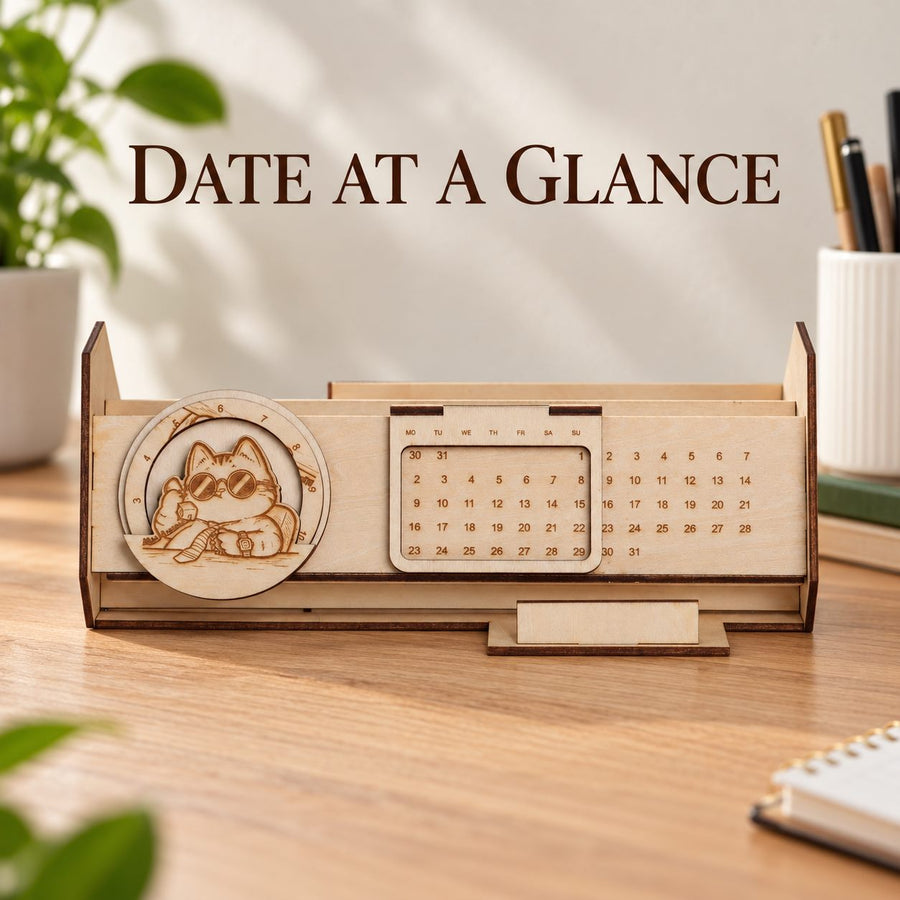 Wooden cat calendar with weekday labels and a numbered date grid