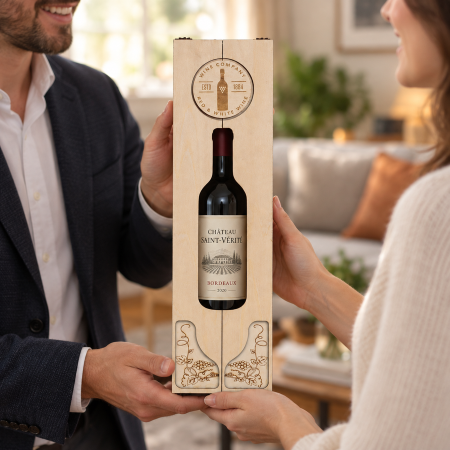 Open view of the wooden wine presentation box