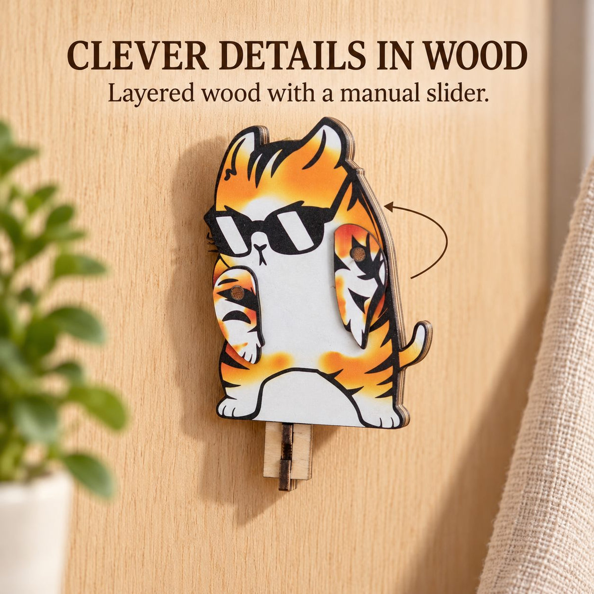 Wood layers and details of Dabbing Orange Tabby Wooden Key Holder