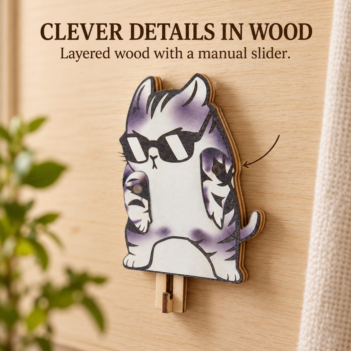 Wood layers and details of Dabbing Gray Tabby Wooden Key Holder