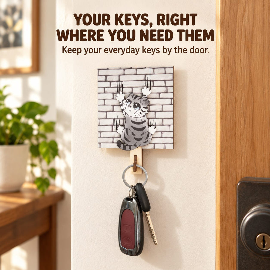 Key ring hanging from the lower wooden hook