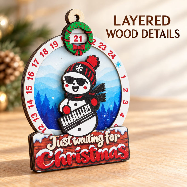 Snowman Keyboard wooden Christmas countdown showing the layered wooden edge
