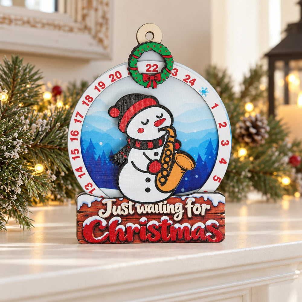 Snowman Saxophone wooden Christmas countdown in a holiday mantel display
