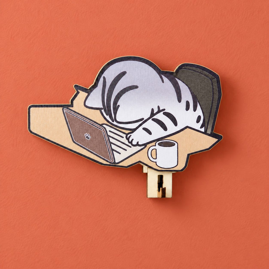 Sleepy Gray Tabby Wooden Key Holder