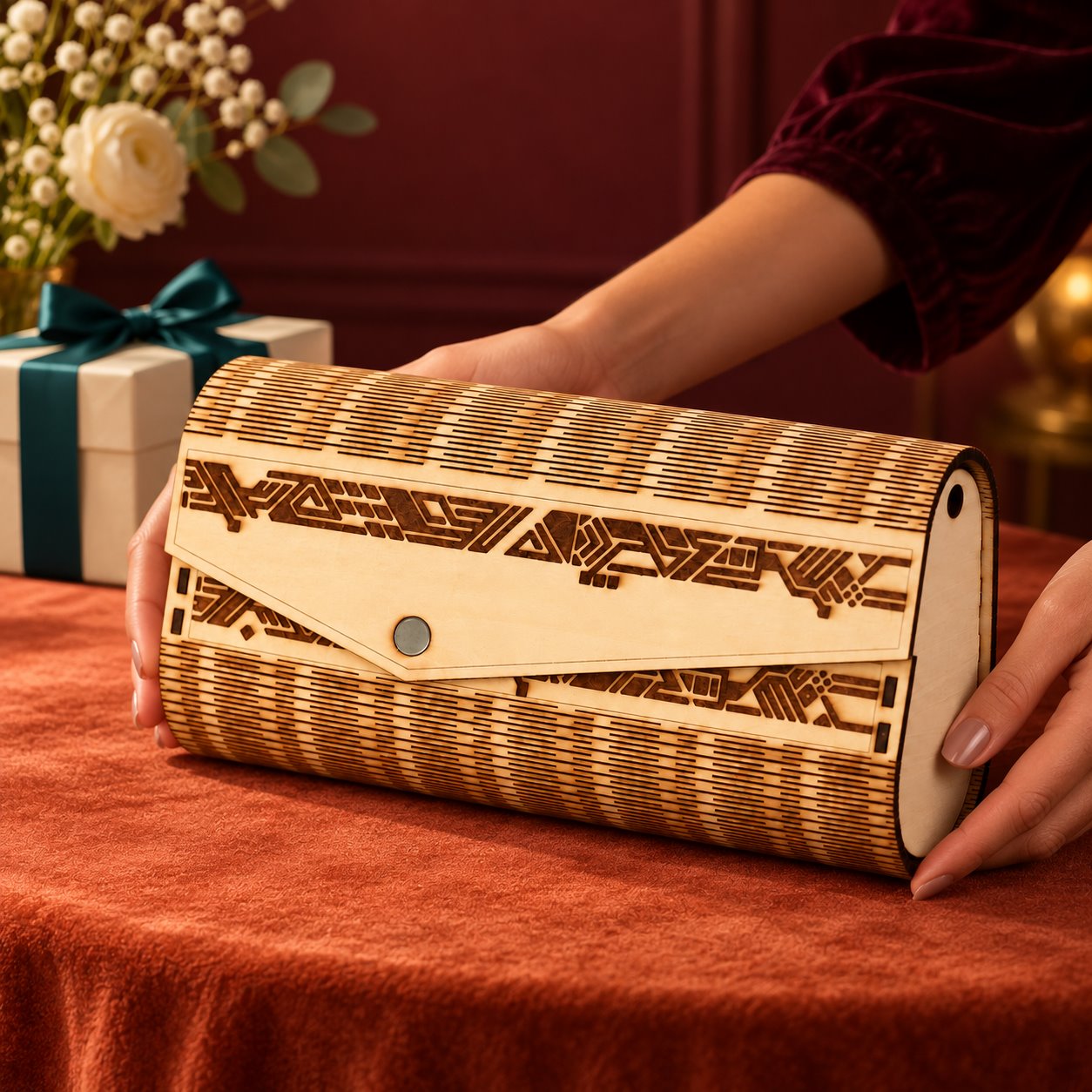 Hands presenting the closed wooden clutch beside a cream gift box with a teal ribbon