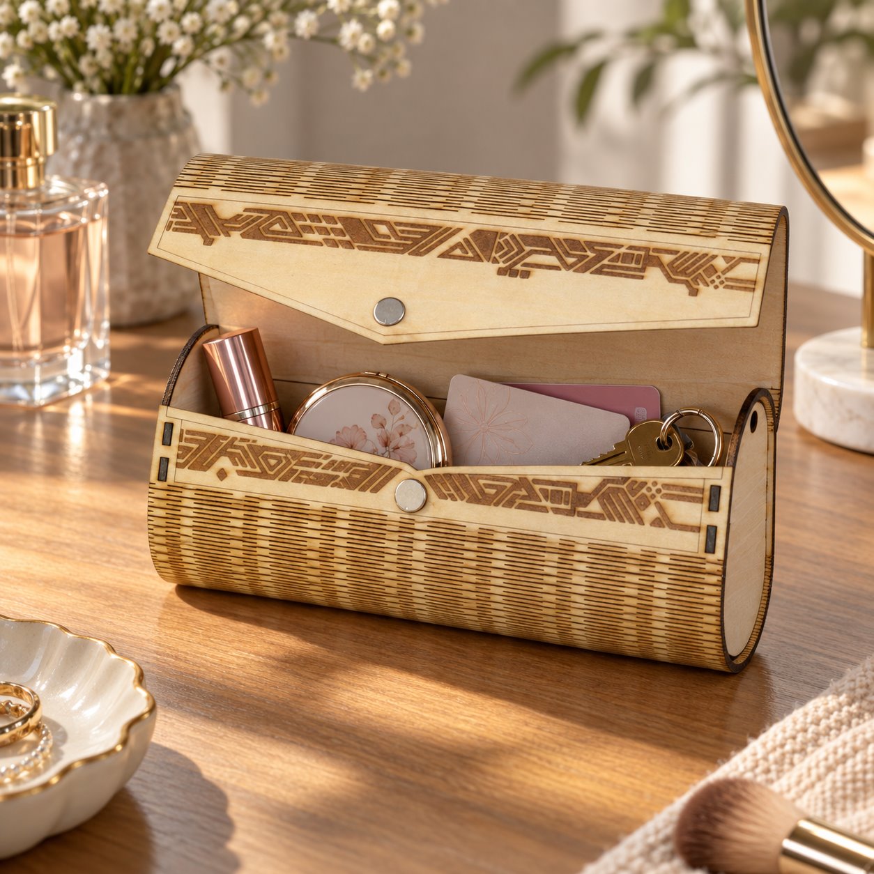 Open wooden clutch styled with cards, a compact, lipstick and keys