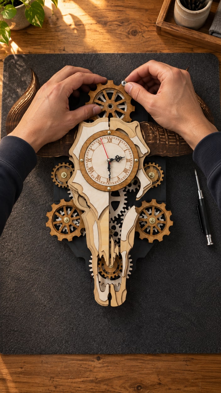 Hands aligning a wooden gear on the clock