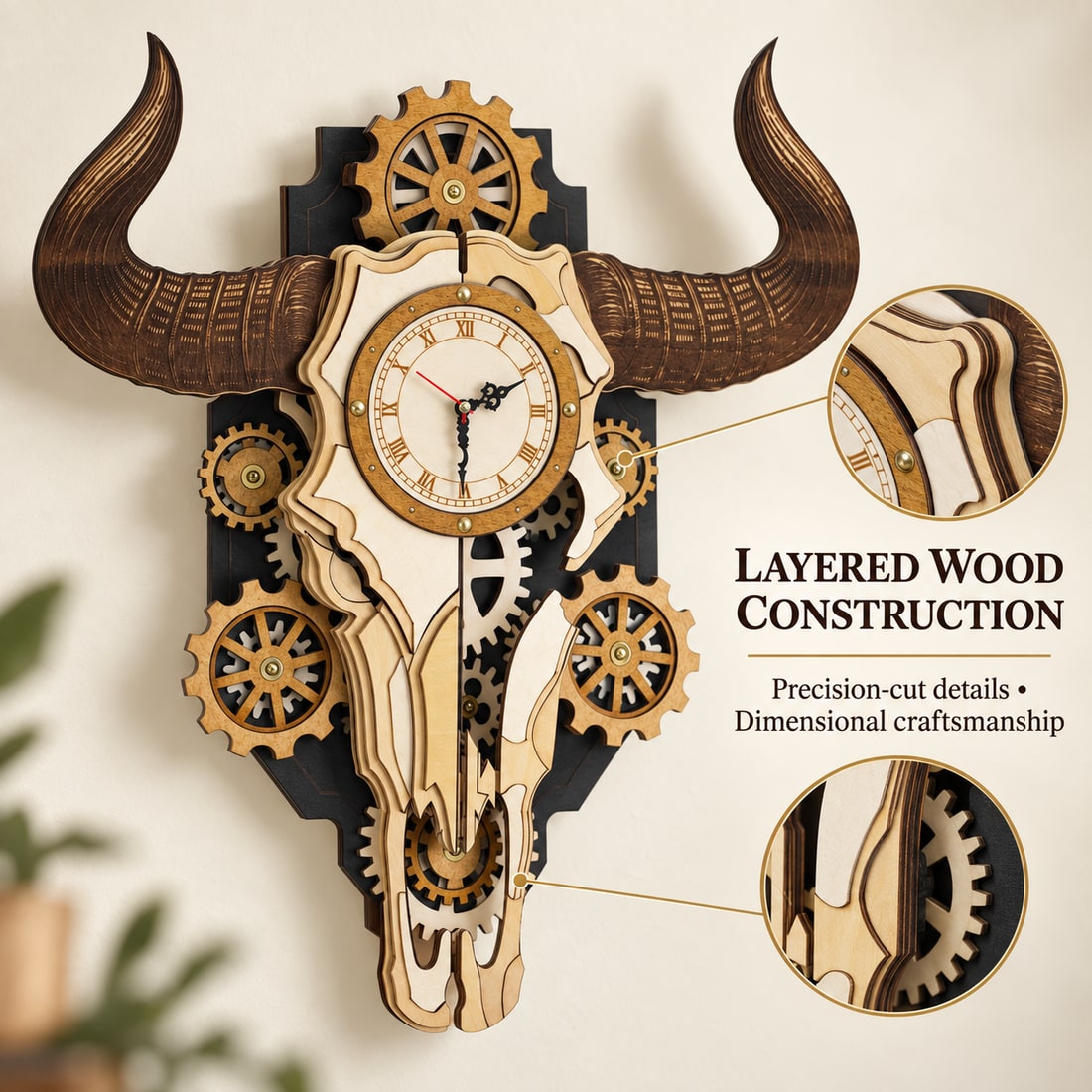 Close detail of the clock's layered wooden construction