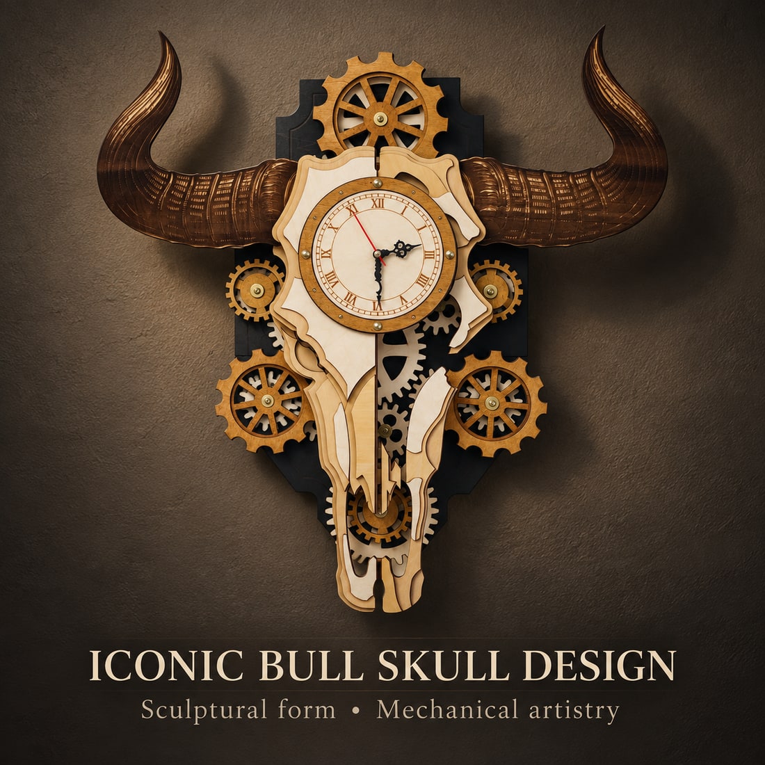 Wooden clock with a bold bull-skull silhouette