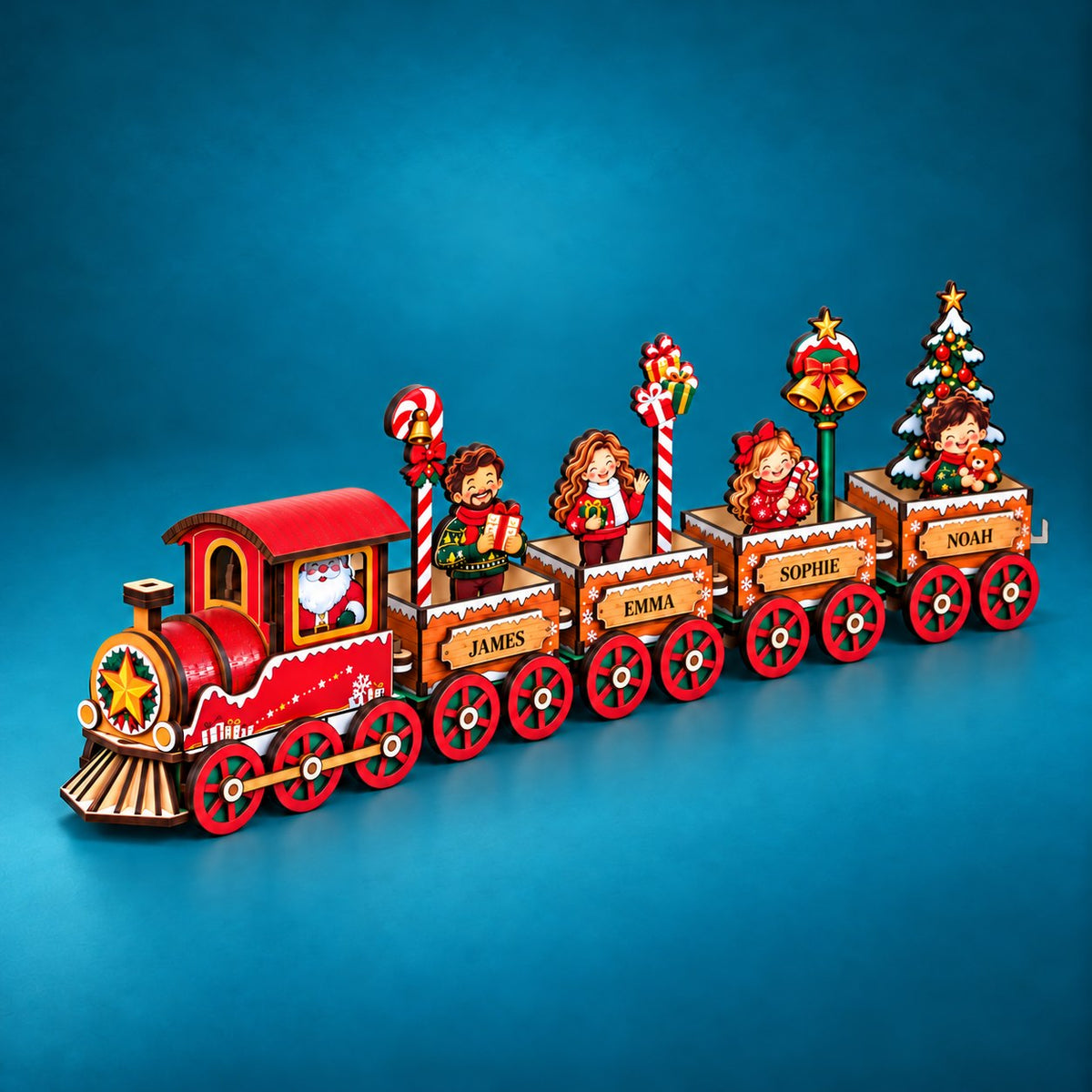 Personalized Christmas family wooden train with Santa locomotive and four named wagons