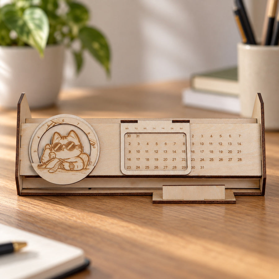 Round cat illustration dial beside the wooden desk calendar date grid