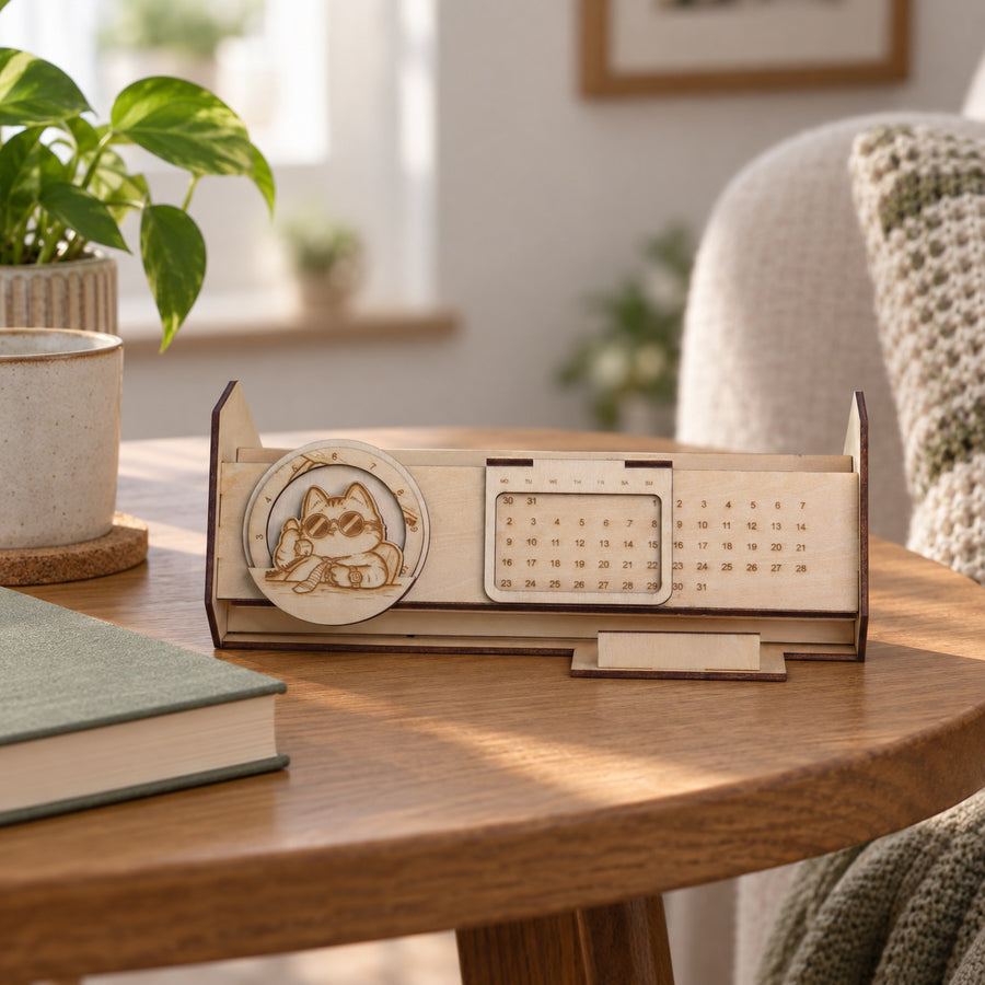 Wooden desk calendar styled with a cat illustration in a warm workspace