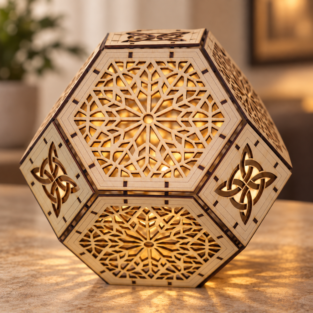 Warmly lit display of Tall Geometric Wooden Lantern DIY Kit
