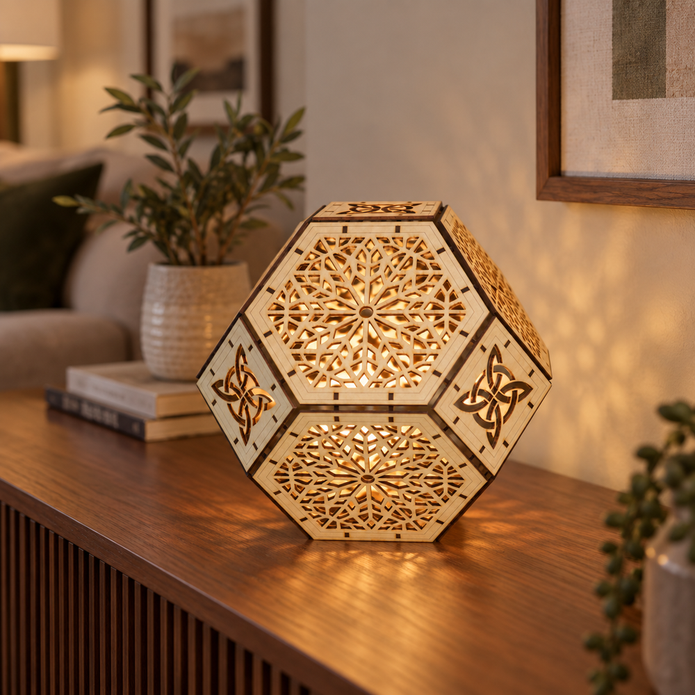 Cutout panel detail on Tall Geometric Wooden Lantern DIY Kit
