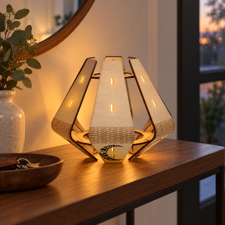 Slatted Glow Wooden Lantern DIY Kit in a home setting