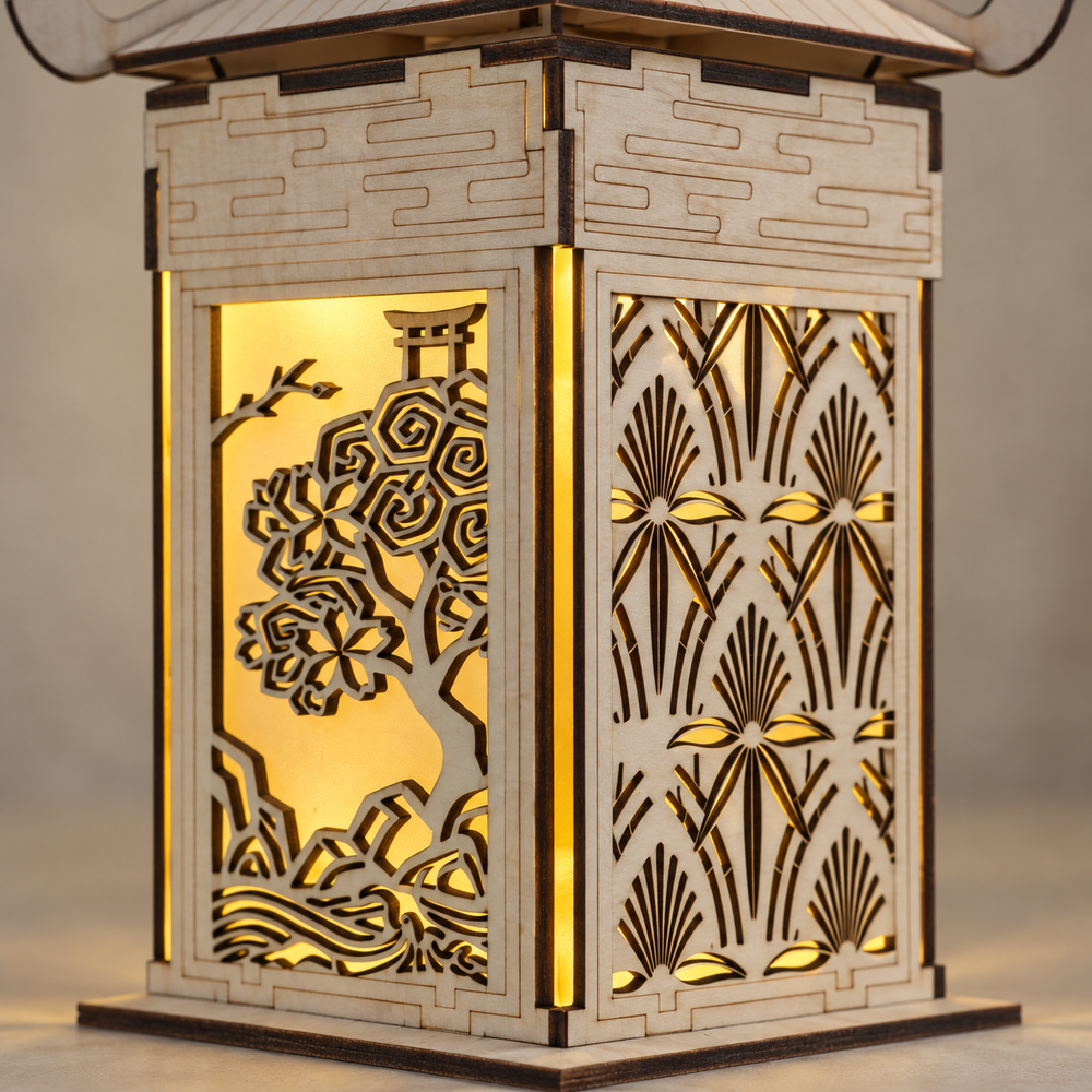 Warmly lit display of Pagoda Scene Wooden Lantern DIY Kit