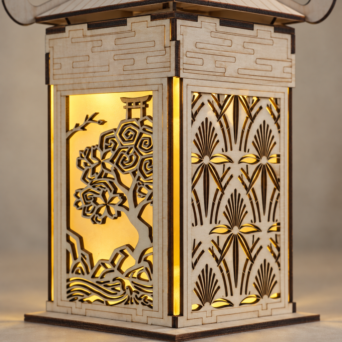 Pagoda Scene Wooden Lantern DIY Kit displayed in a softly lit room