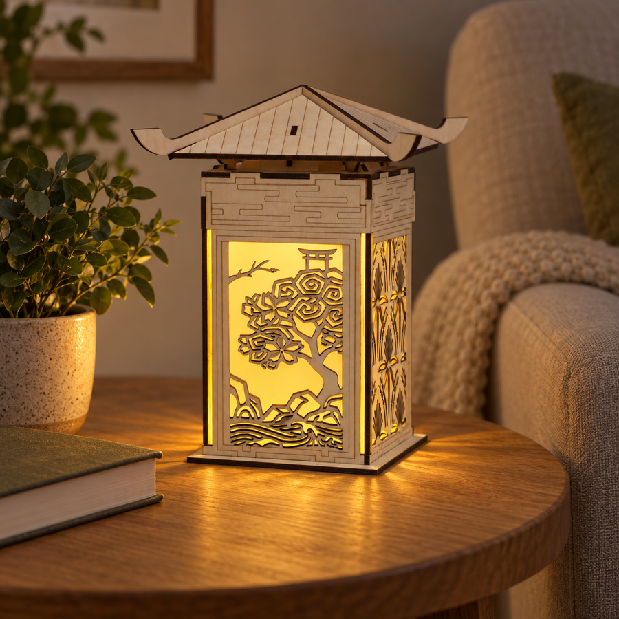 Pagoda Scene Wooden Lantern DIY Kit in a home setting