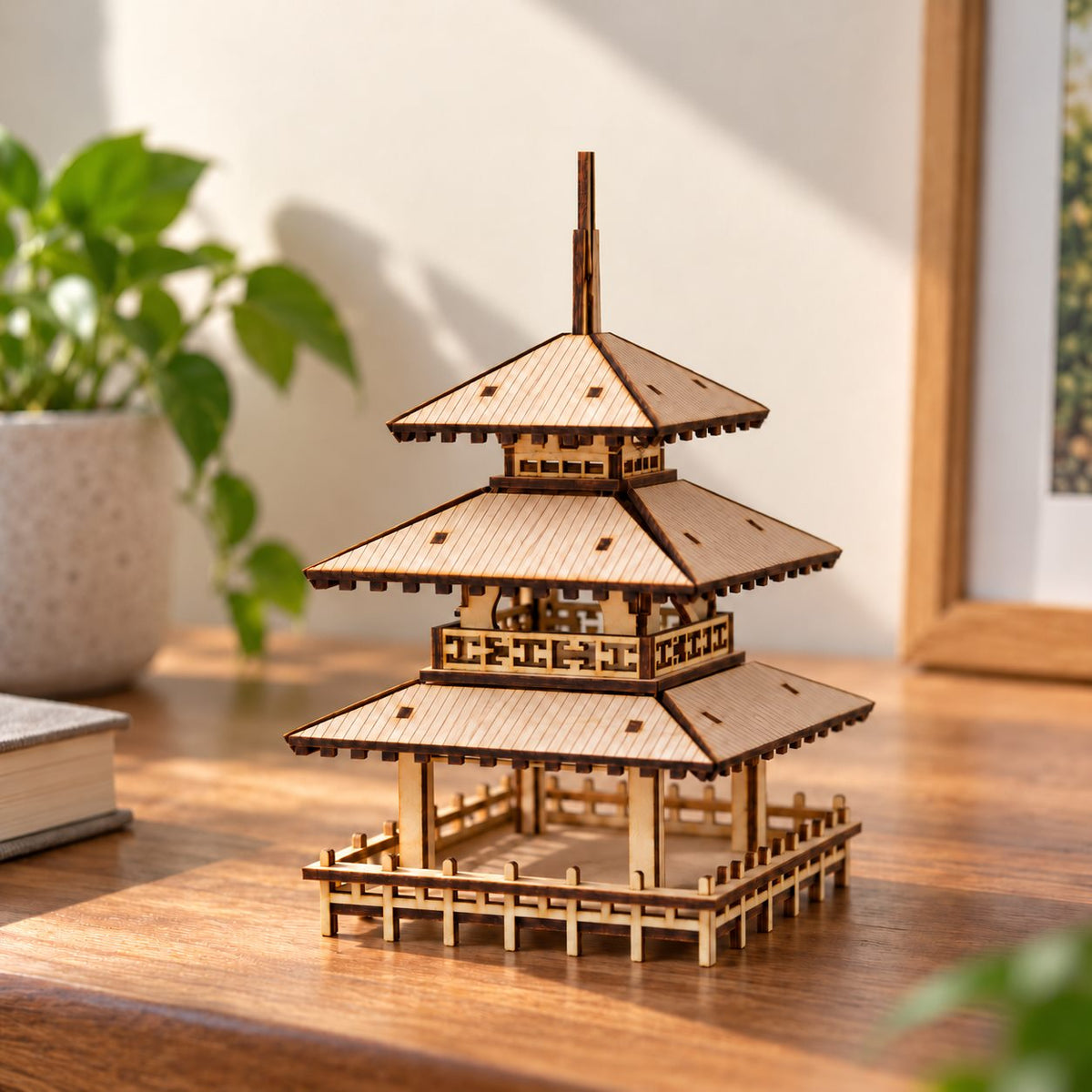 Unlit Three-Tier Pagoda on a sunlit wooden console beside books and a green plant