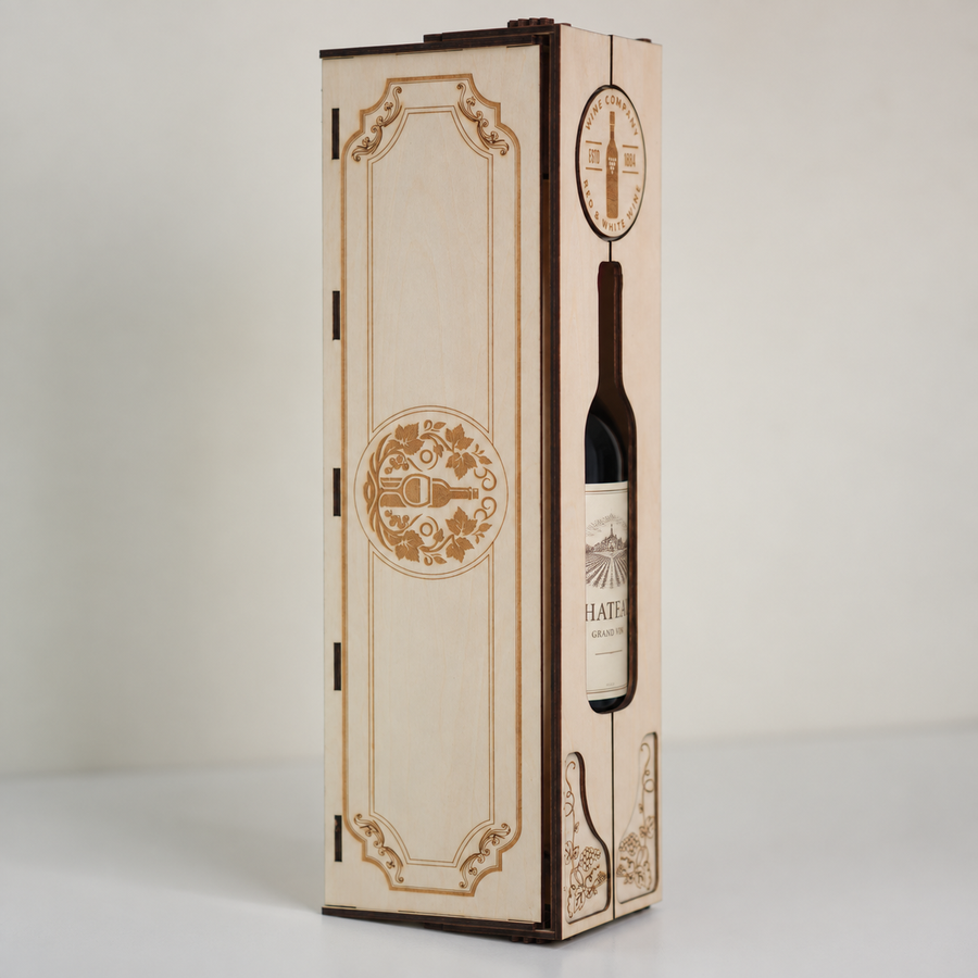 Wooden wine box styled in a home setting