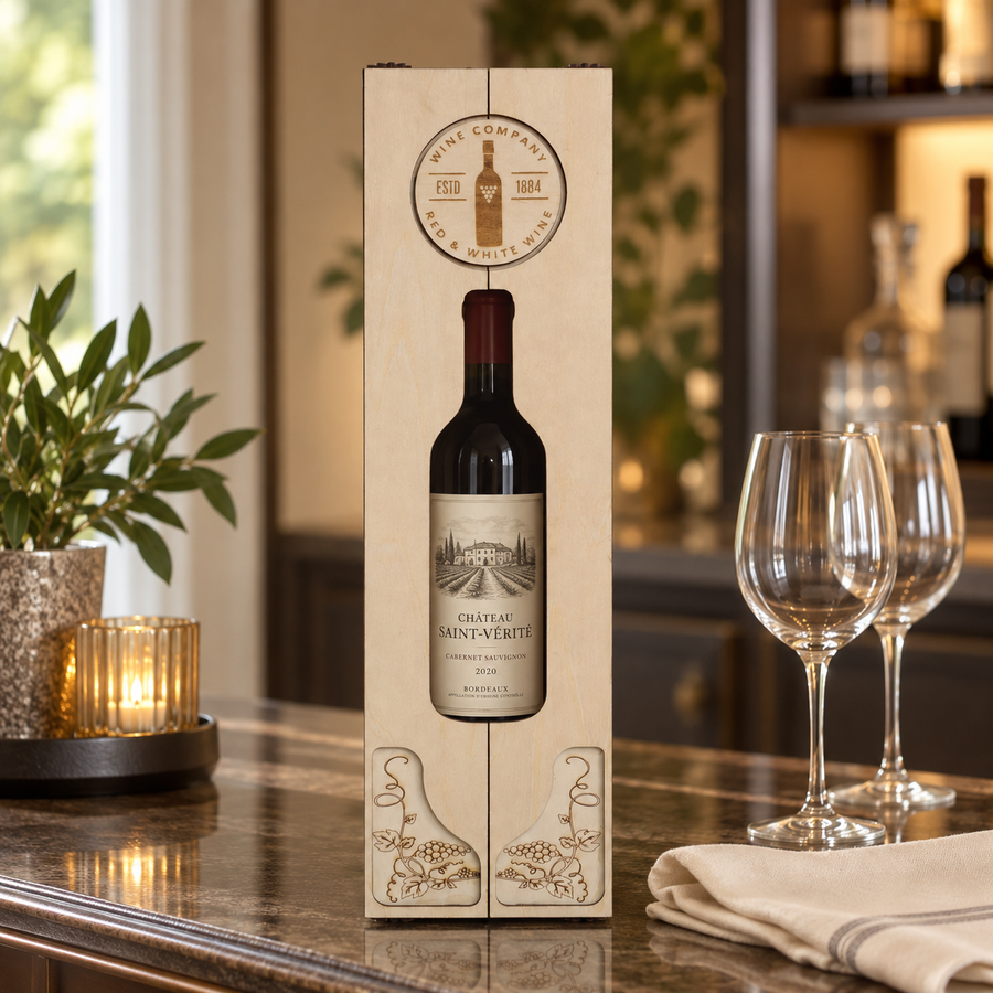 Engraved Double-Door Wooden Wine Box