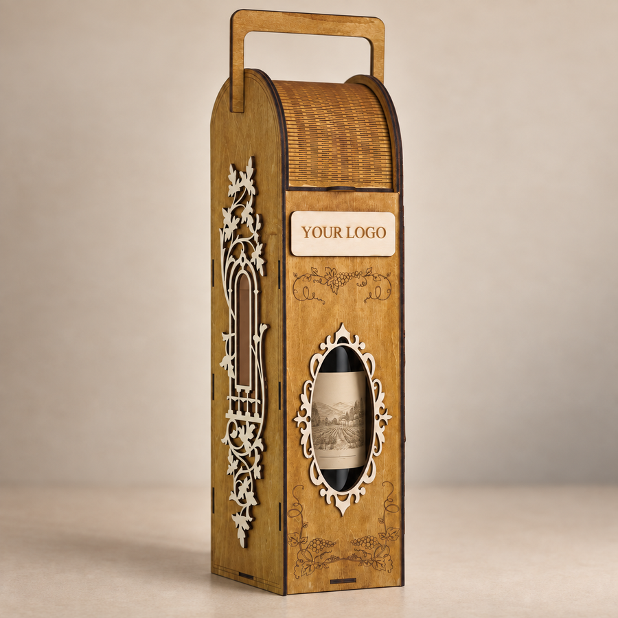 Close view of the engraved wooden box detail