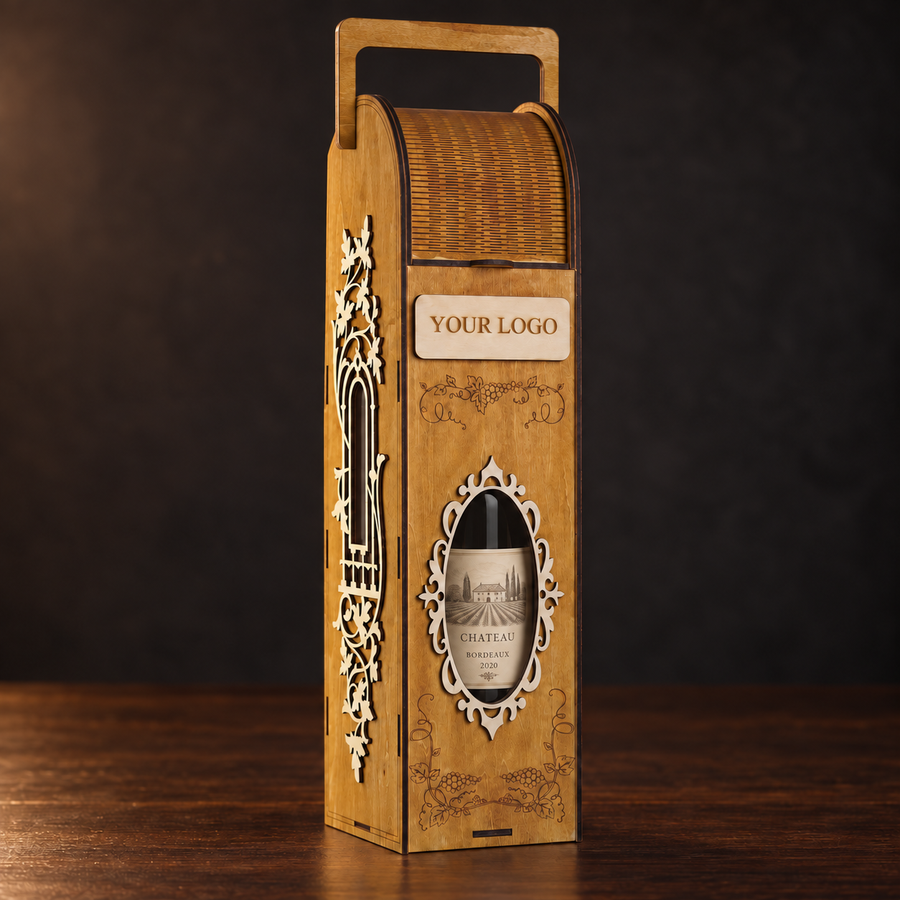 Wooden wine box styled in a home setting