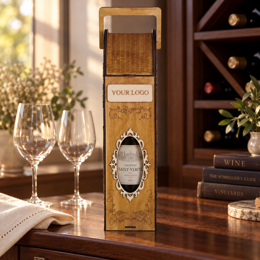 Open view of the wooden wine presentation box