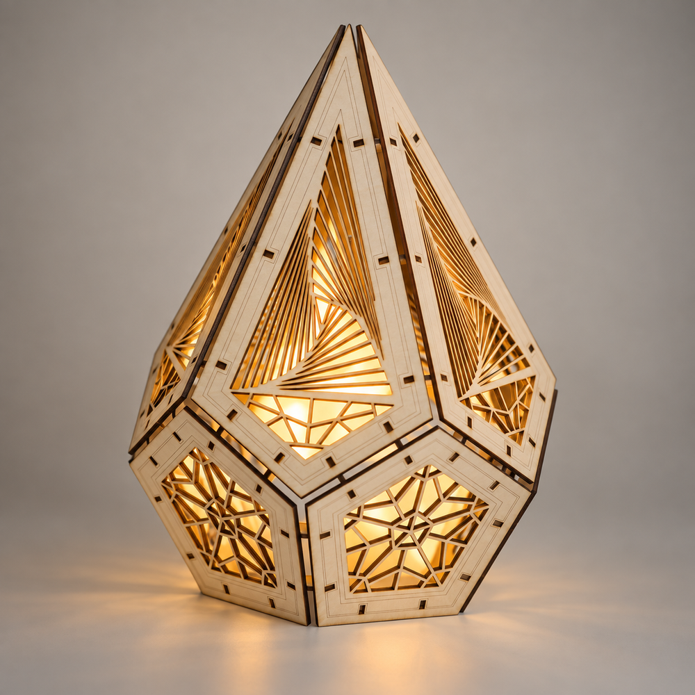Warmly lit display of Celtic Knot Geometric Wooden Lantern Kit