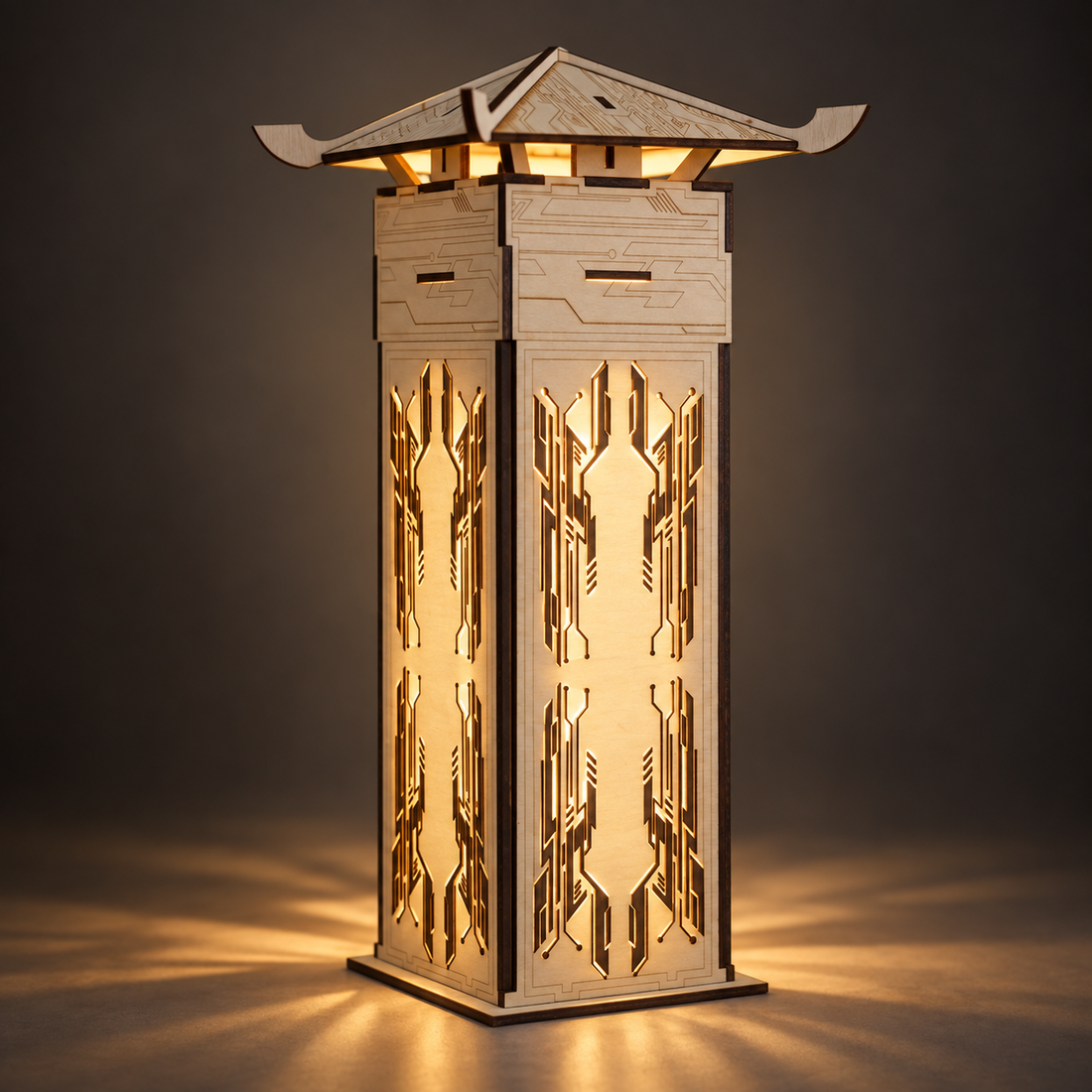 Faceted Wooden Lantern DIY Kit displayed in a softly lit room