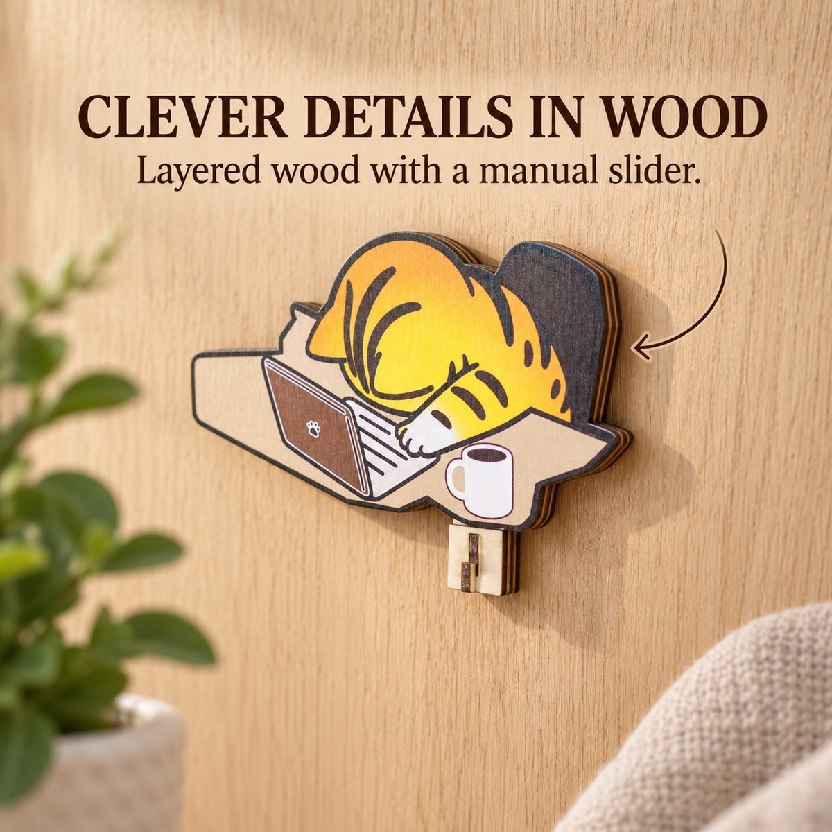 Wood layers and details of Sleepy Orange Tabby Wooden Key Holder