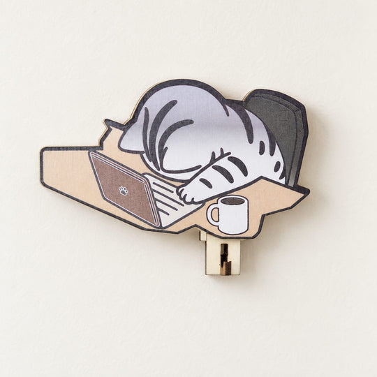 Sleepy Gray Tabby Wooden Key Holder