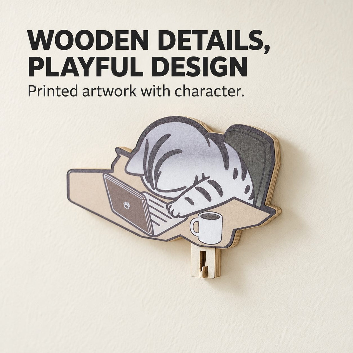 Wood layers and details of Sleepy Gray Tabby Wooden Key Holder