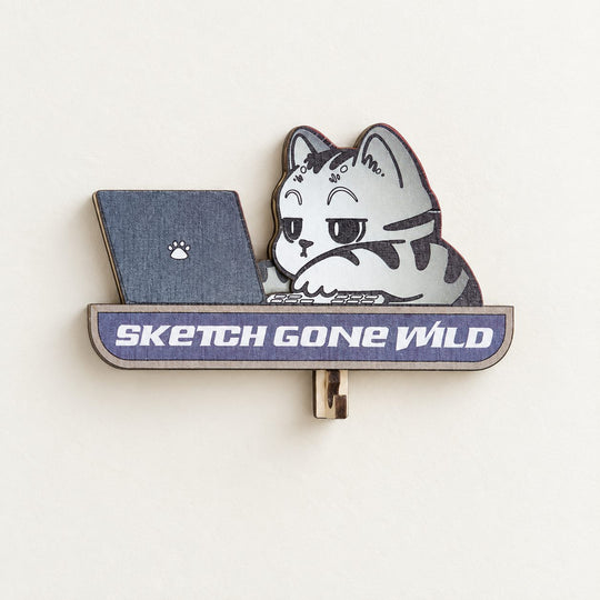 Waving Gray Tabby Wooden Key Holder