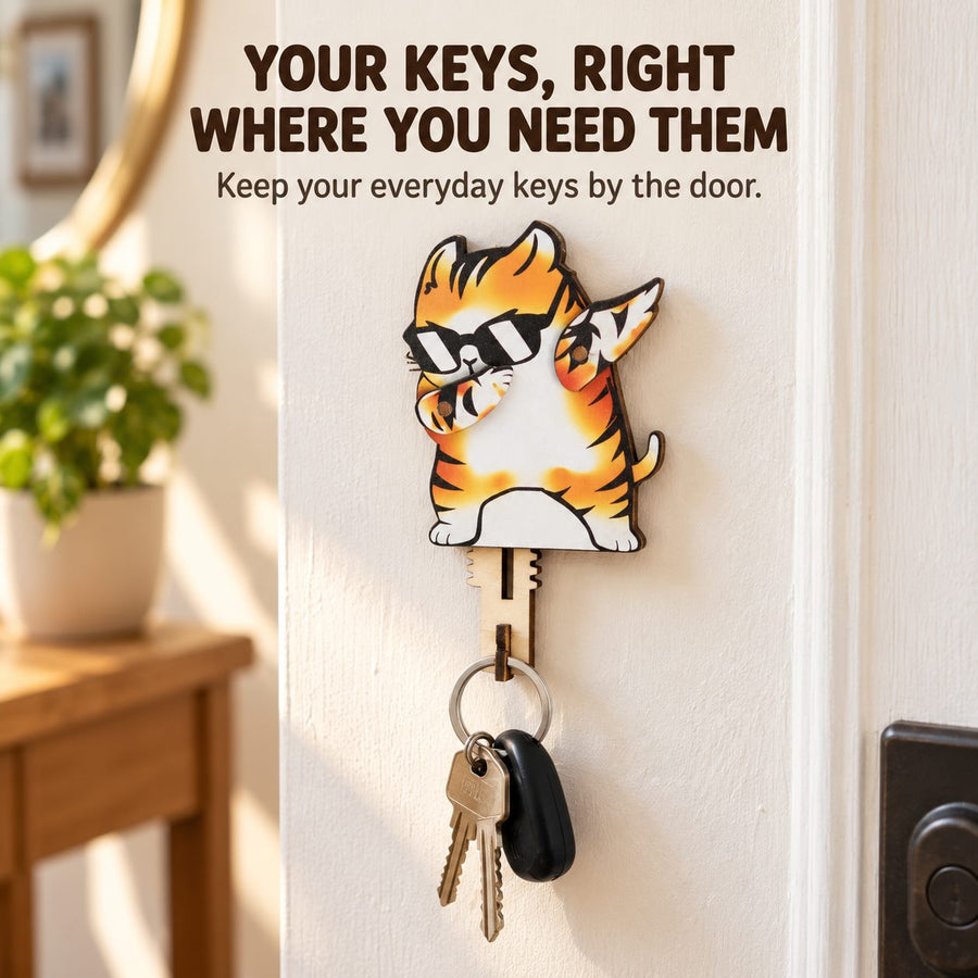 Key ring hanging from the lower wooden hook