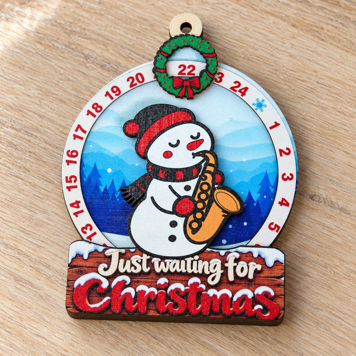 Snowman Saxophone wooden Christmas countdown with the numbered ring and illustrated winter details