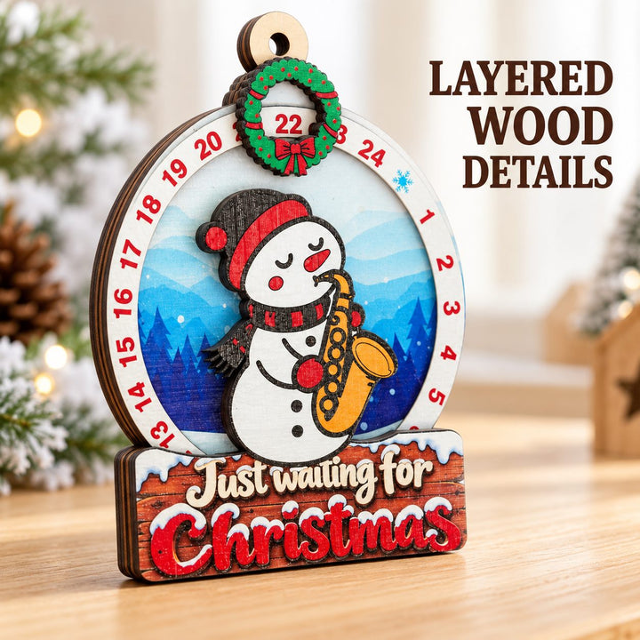 Snowman Saxophone wooden Christmas countdown showing the layered wooden edge