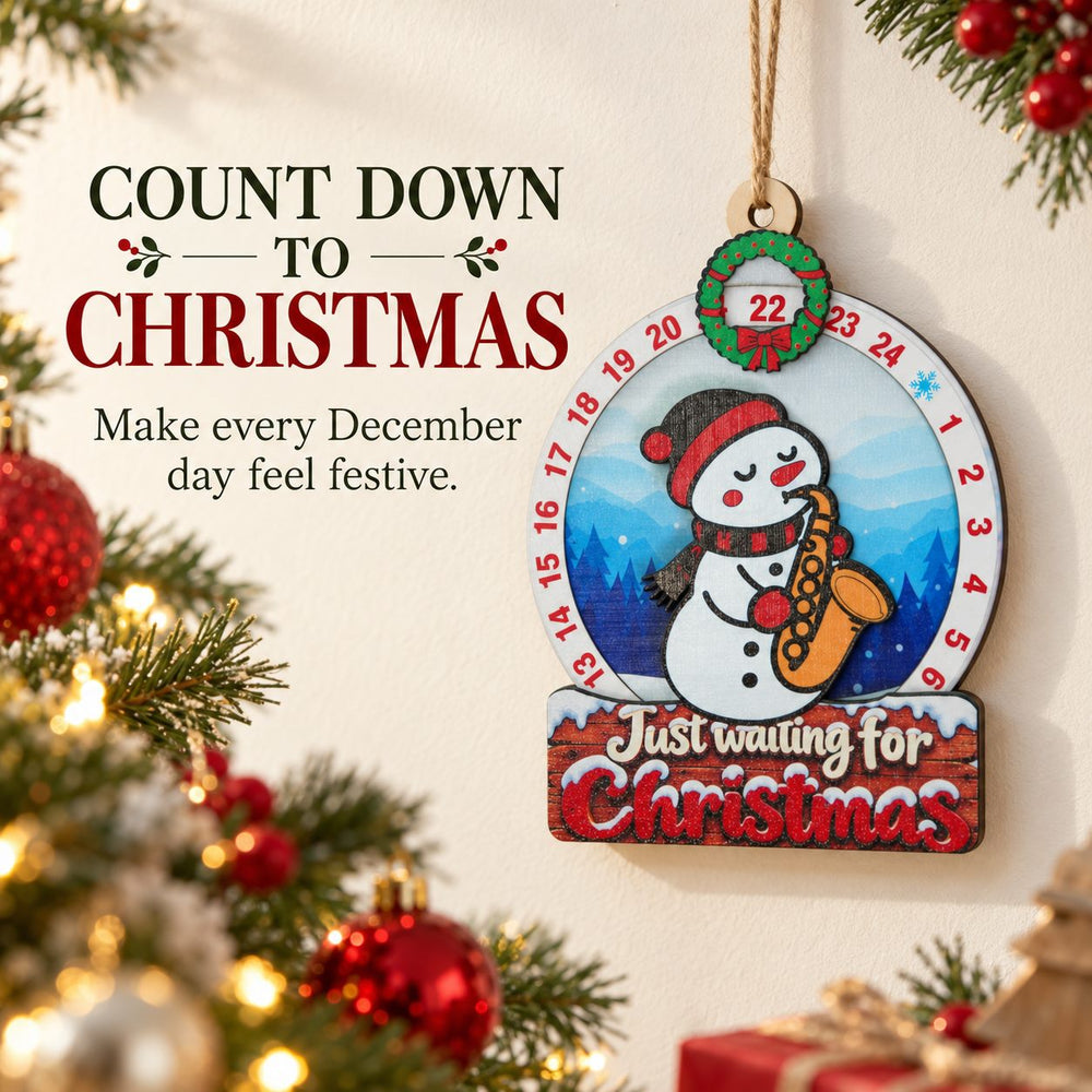 Snowman Saxophone wooden Christmas countdown with the manual countdown and green wreath-framed window