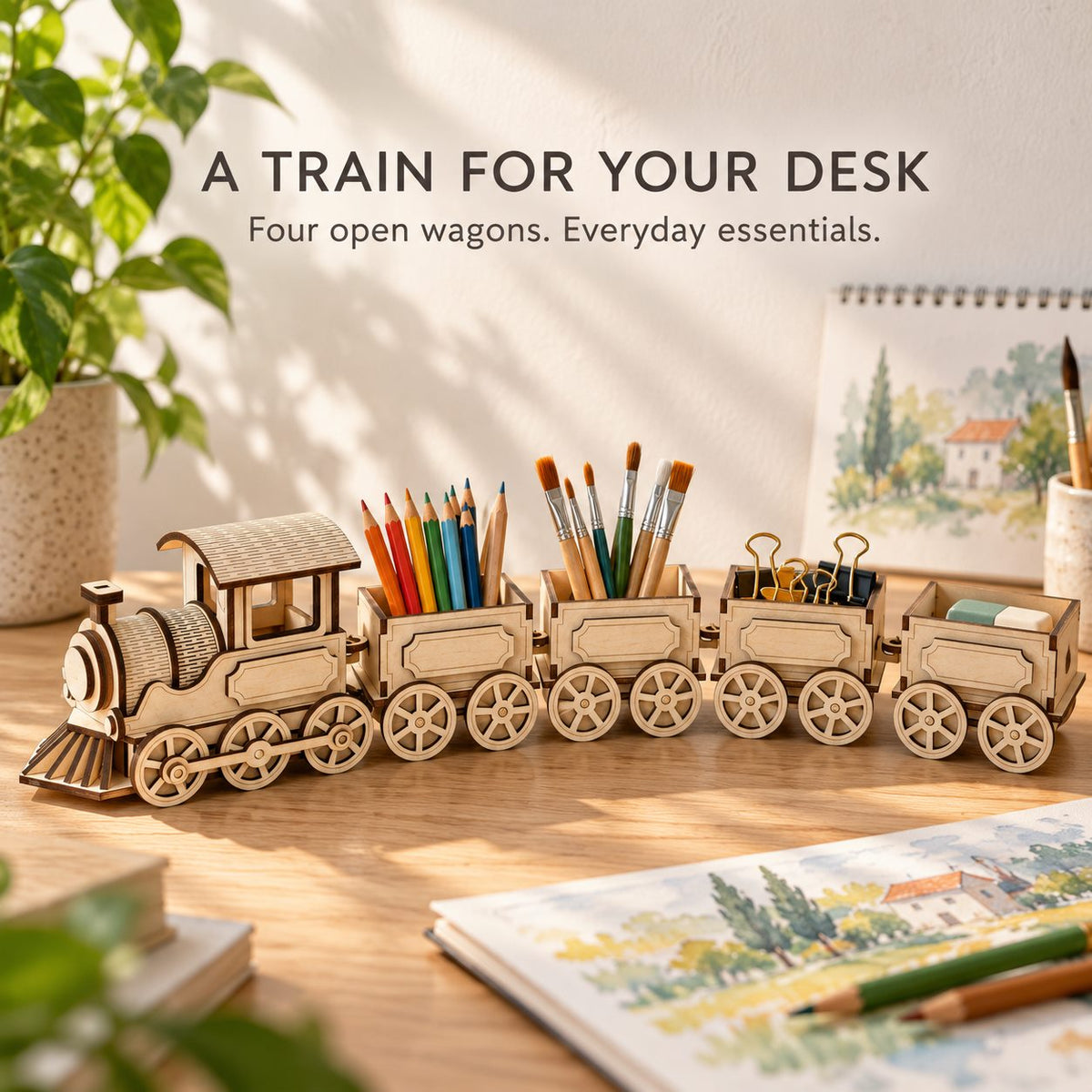 M40 wooden train used to organize pencils, brushes and everyday desk essentials