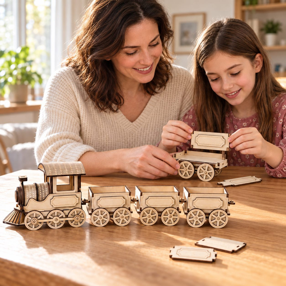 An adult and child enjoying the assembly of a wooden train wagon together