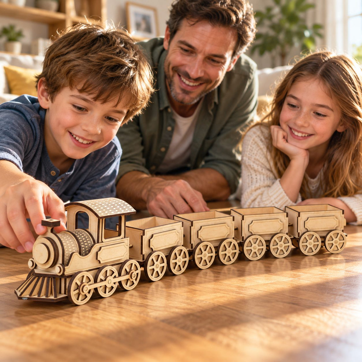 A family enjoying a completed M40 wooden train on the floor