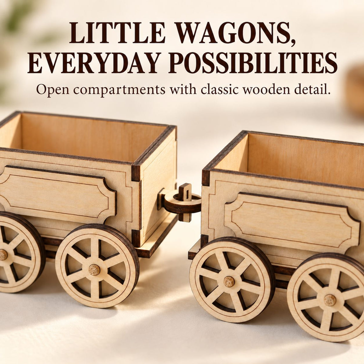 Close-up of open wagon compartments and wooden hook-and-loop couplings