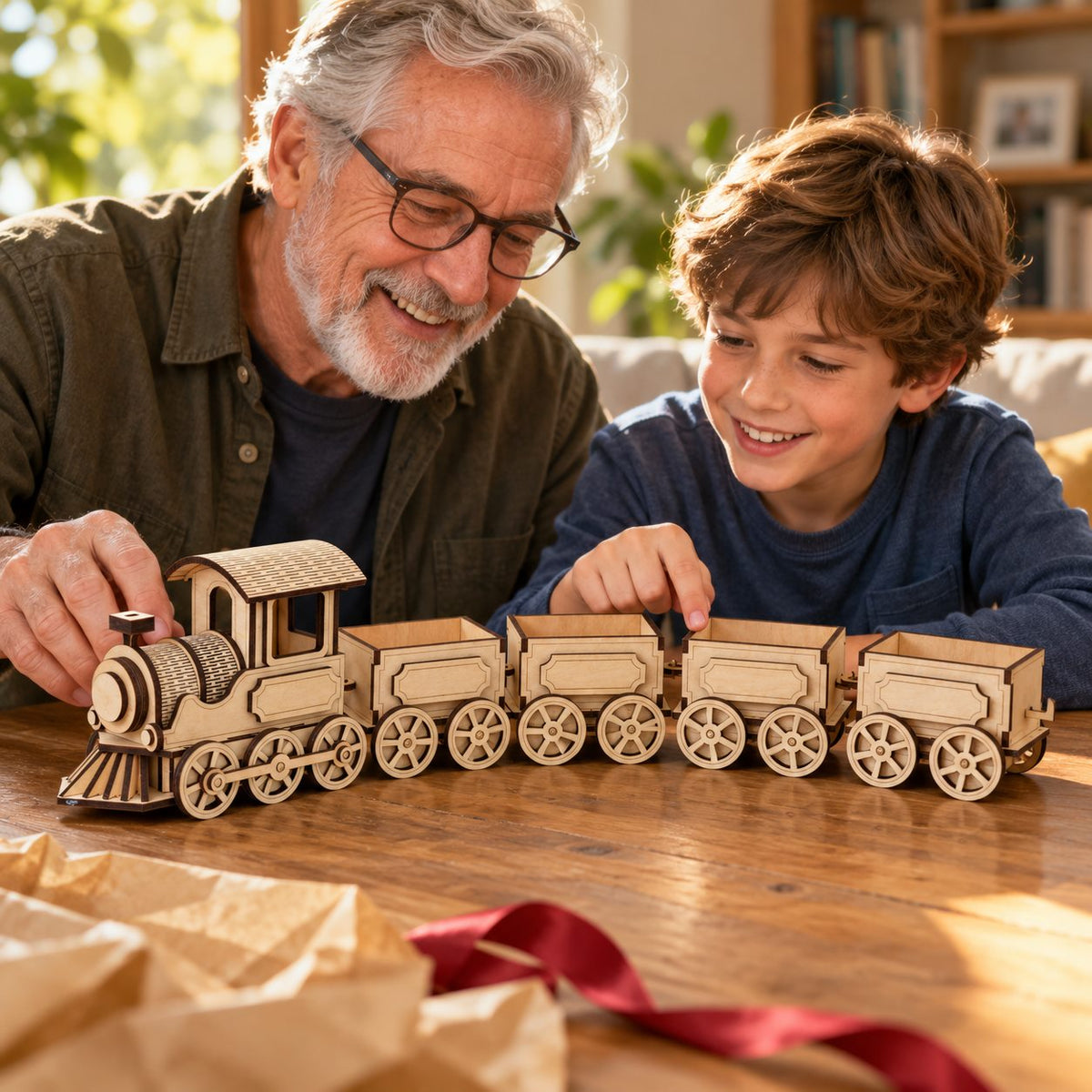 A grandfather and child sharing pride in their completed wooden train