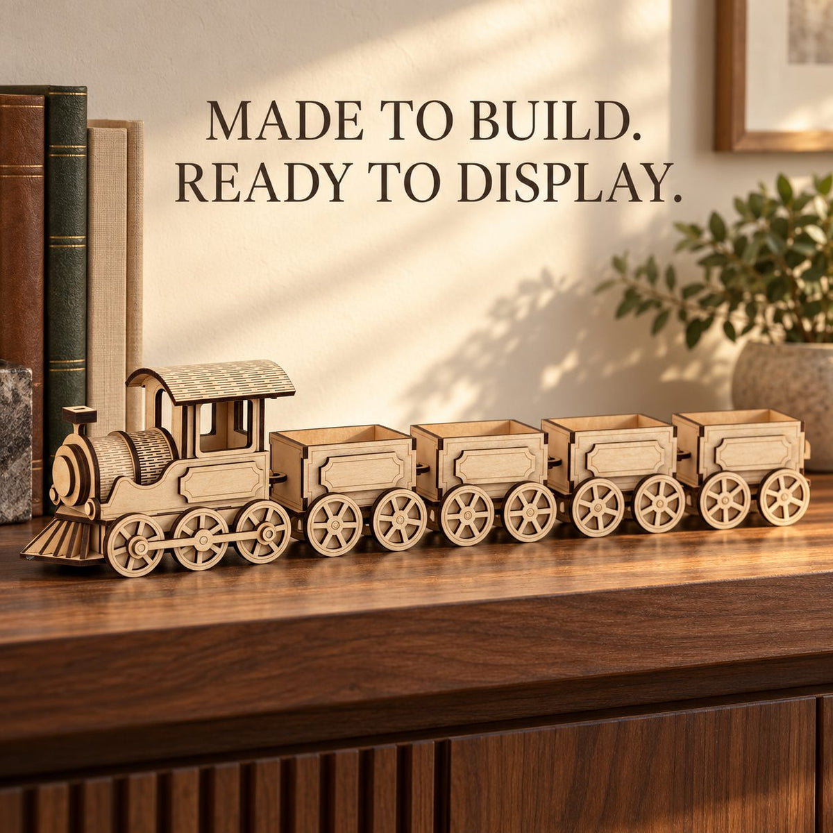 The complete wooden steam train displayed on a shelf