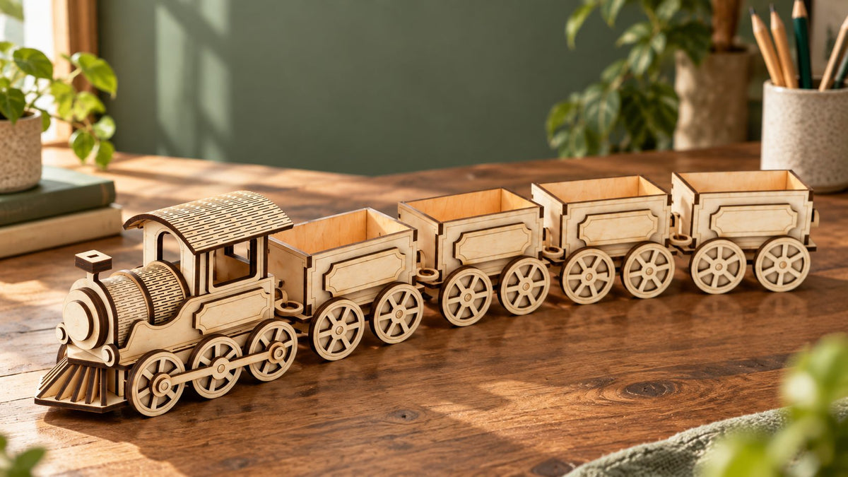 Complete M40 wooden steam locomotive with four open wagons on a walnut table
