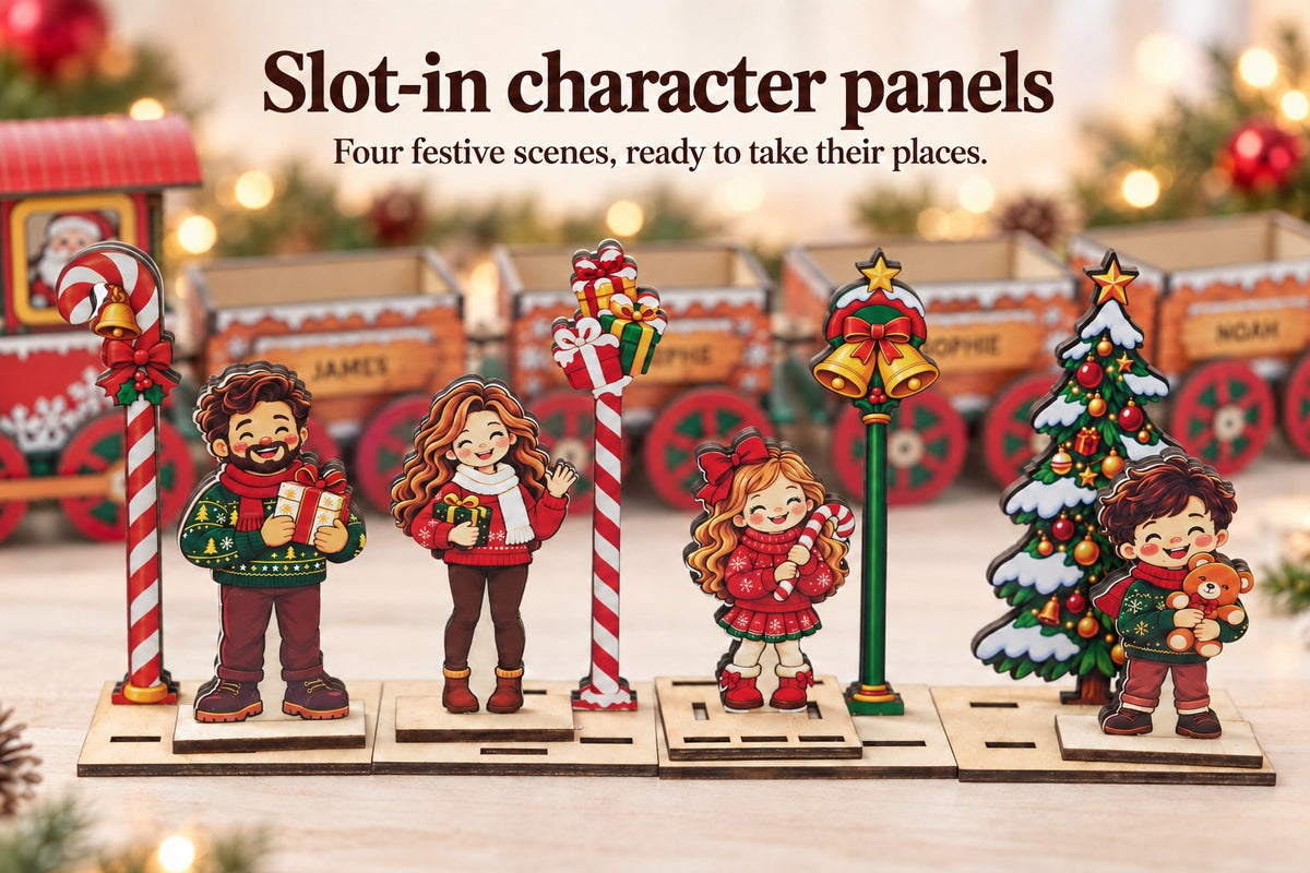 Four example M43 character and Christmas decoration assemblies on their rectangular slotted wooden bases, with the empty wagon bodies behind