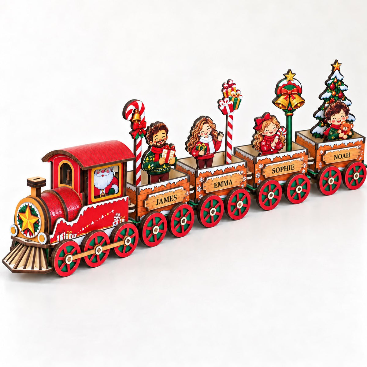 M43 wooden Christmas train on a clean ivory background with all four character plaques visible