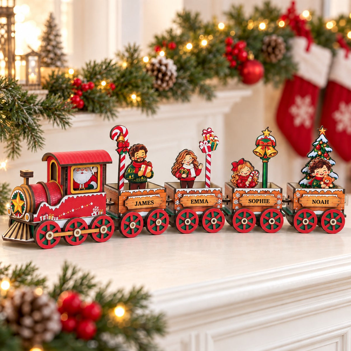 M43 family Christmas train displayed on a cream console beneath an evergreen garland and red stockings