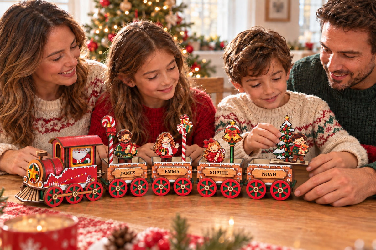 Parents and their daughter and son assembling the M43 Christmas family train together, lowering the boy and tree insert into the fourth wagon